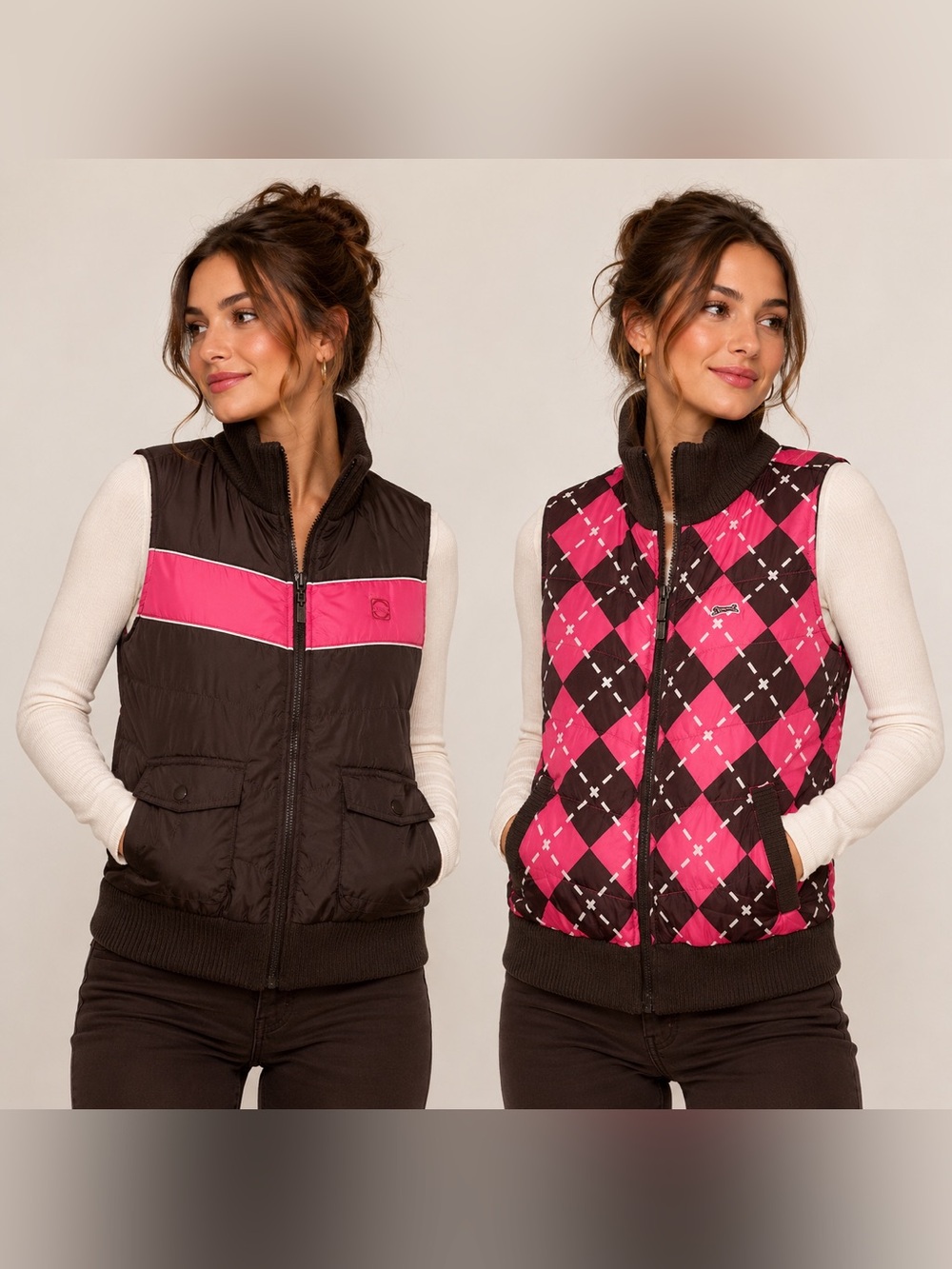 Vintage Y2K Le Tigre Reversible Puffer Vest Pink Argyle Brown Women’s